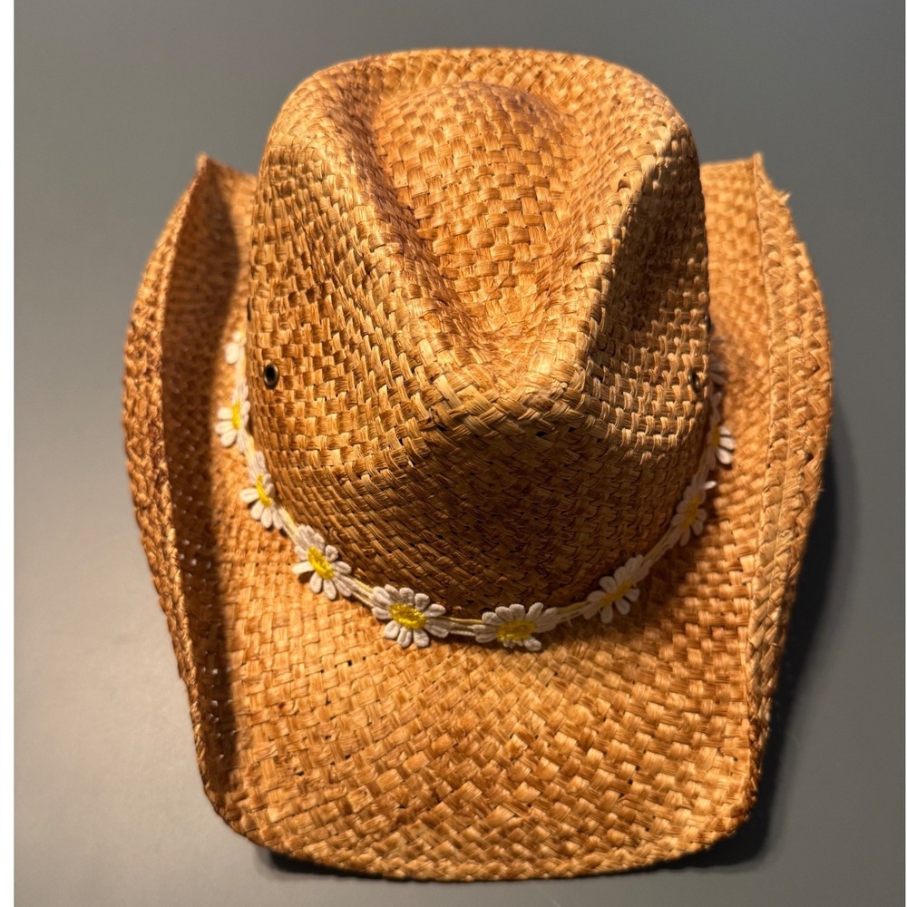 Shyanne Womens Straw Cowboy Hat Brown Daisy Floral Trim Western Boho OS